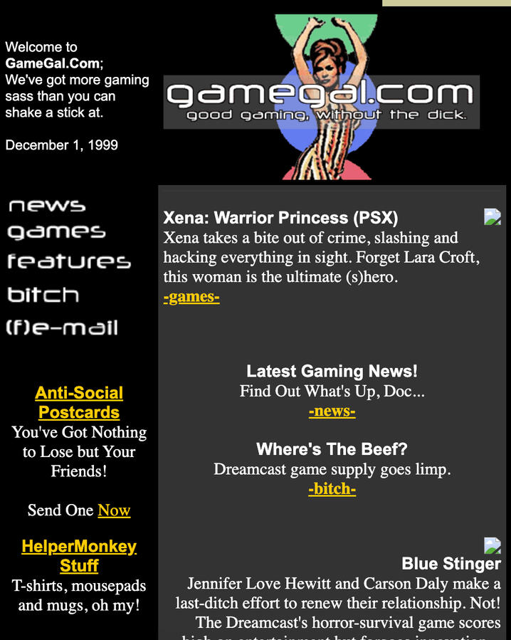 The GameGal.com front page dated 1 December 1999, with the tagline good gaming, without the dick.